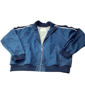 Lucky Brand Mens Blue Denim Look Full Zip Bomber Jacket Stripe Raglan Large